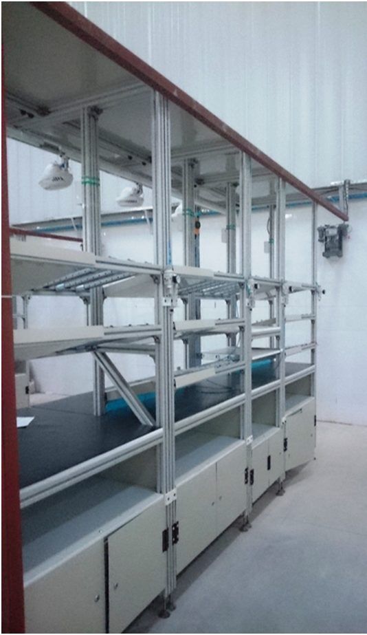 K type assembly line with lean layout and aluminium frame racks